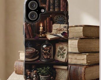 Funda para móvil con diseño de estantería estilo Dark Academia, cubierta vintage floral con temática de libros, estética de biblioteca para iPhone y Samsung, regalo ideal para amantes de los libros.