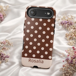 Funda de teléfono con lunares personalizada minimalista rosa y marrón, resistente rígida, diseño elegante chica limpia para iPhone y Android