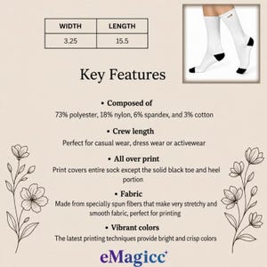 May include: White crew length socks with solid black toe and heel sections. The socks measure 3.25 inches in width and 15.5 inches in length. The composition is 73% polyester, 18% nylon, 6% spandex, and 3% cotton. The text eMagicc is at the bottom.