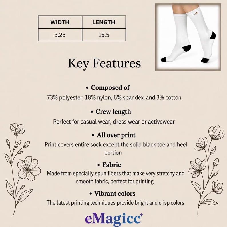 May include: White crew length socks with solid black toe and heel sections. The socks measure 3.25 inches in width and 15.5 inches in length. The composition is 73% polyester, 18% nylon, 6% spandex, and 3% cotton. The text eMagicc is at the bottom.