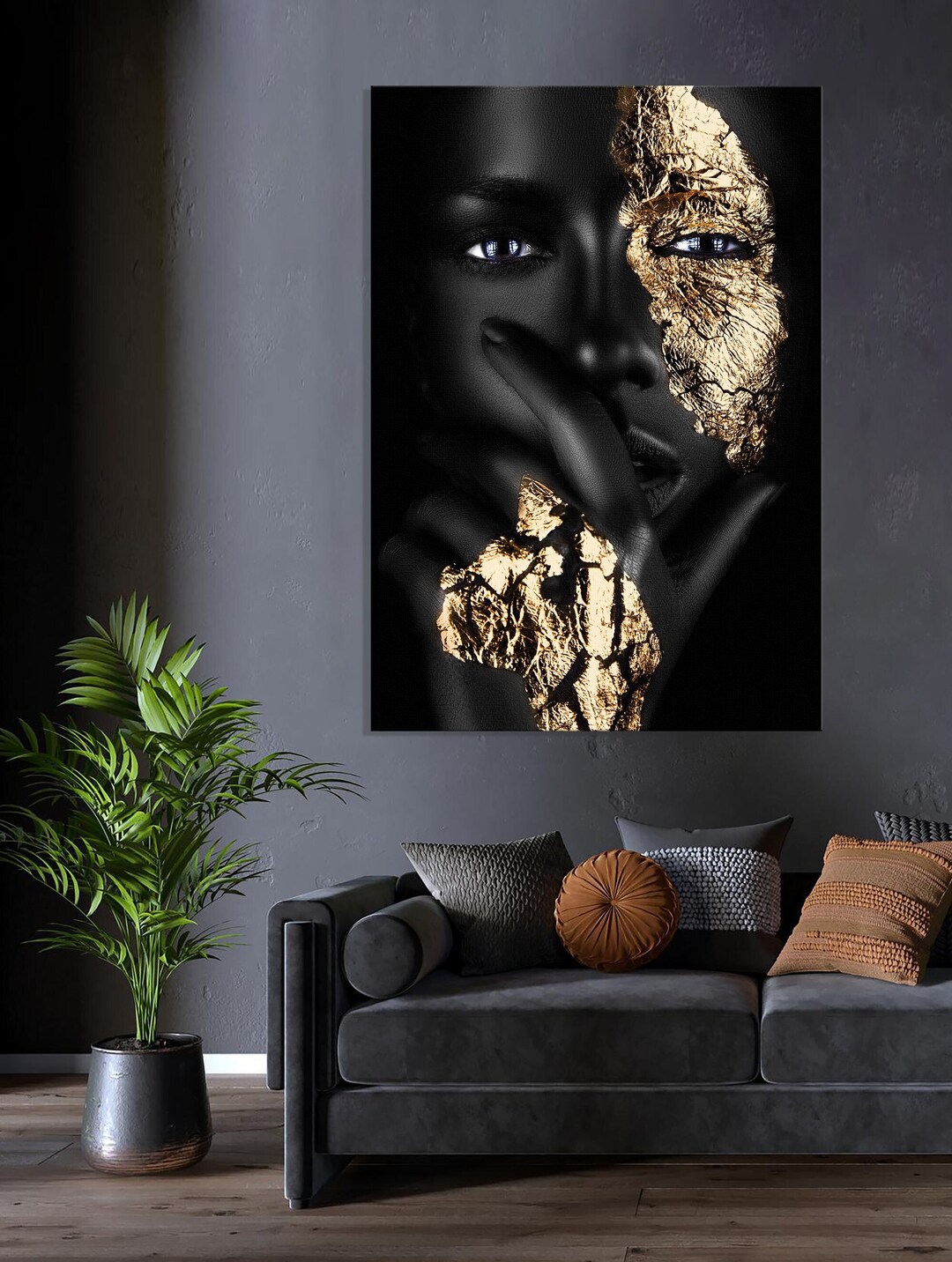 Photography of Black Girl With Golden Makeup Canvas Wall Art, African