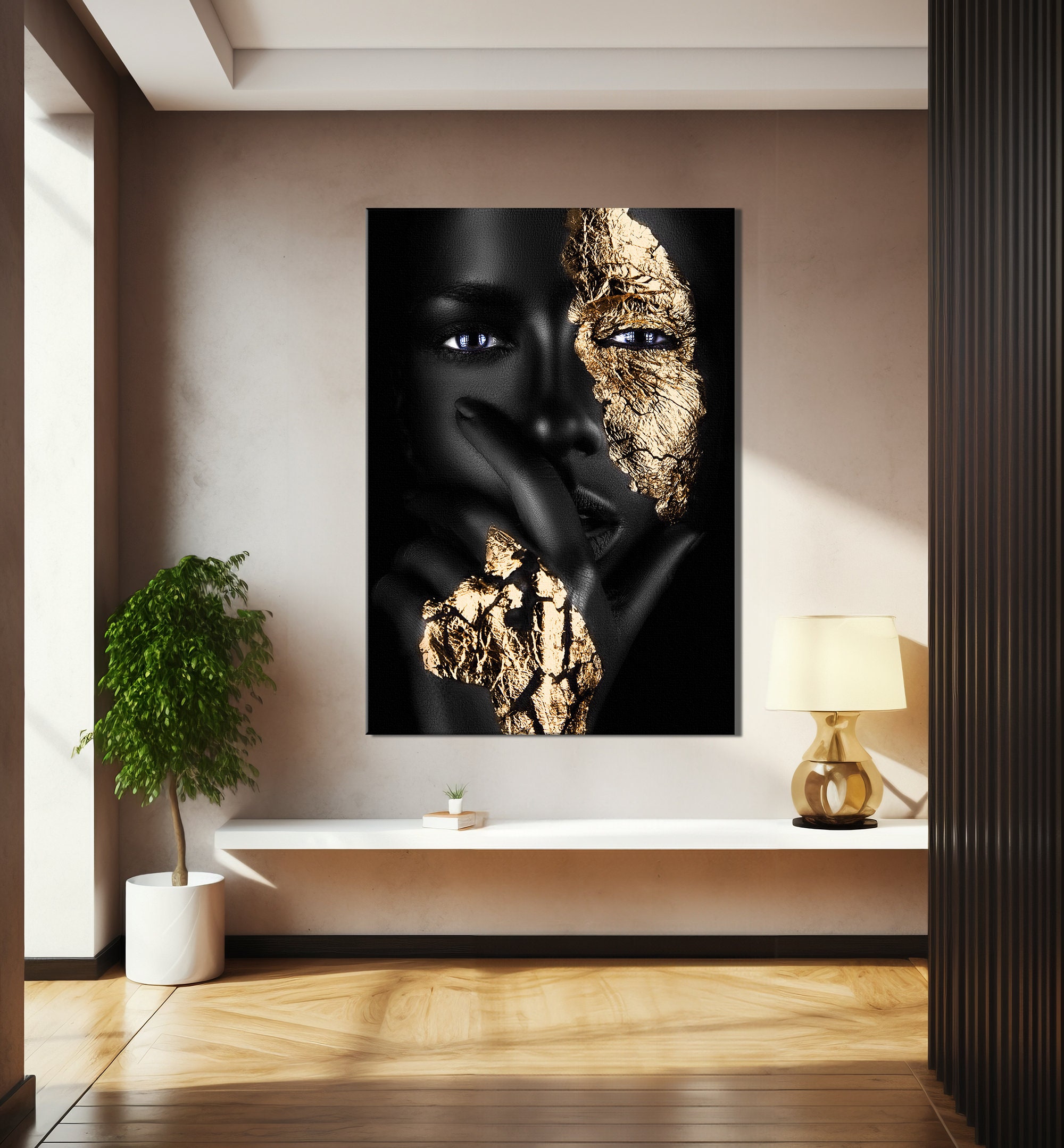 Photography of Black Girl With Golden Makeup Canvas Wall Art, African