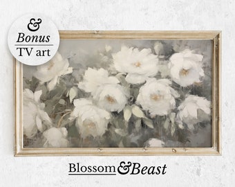 White Roses, Spring Samsung Frame TV Art, Vintage Painting, Vintage Oil Painting, Antique French, Digital Download