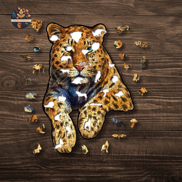 Puzzle en bois léopard, puzzle de chat sauvage, cadeau puzzle d'animaux, jouet en bois fait main, décoration jungle, puzzle éducatif, casse-tête de grand félin