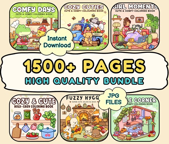 1500+ Cute Coloring Pages Bundle, Cozy Comfy Art (JPG Files)