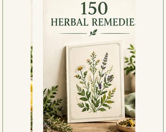 Könnte beinhalten: Ein gebundenes Buch mit dem Titel 150 HERBAL REMEDIES und einem cremefarbenen Einband, der eine botanische Illustration verschiedener grüner und violetter Wildblumen sowie einer weißen Margerite zeigt. Das Buch steht auf Holz.