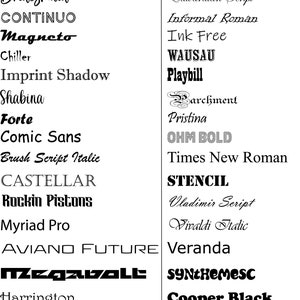 May include: A black and white image displaying a selection of fonts. The fonts include Arial, Old English Text, Bridesmaid, Magneto, Comic Sans, and others. The image is a typography reference.