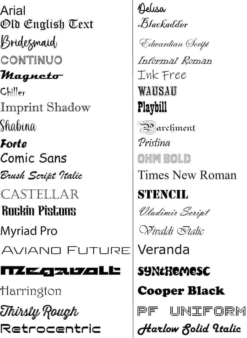 May include: A black and white image displaying a selection of fonts. The fonts include Arial, Old English Text, Bridesmaid, Magneto, Comic Sans, and others. The image is a typography reference.