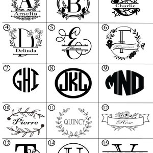 May include: A selection of 15 black and white monogram designs. Each design features a letter or initials, often with decorative elements like floral wreaths, banners, or elegant fonts. Names are included in some designs.