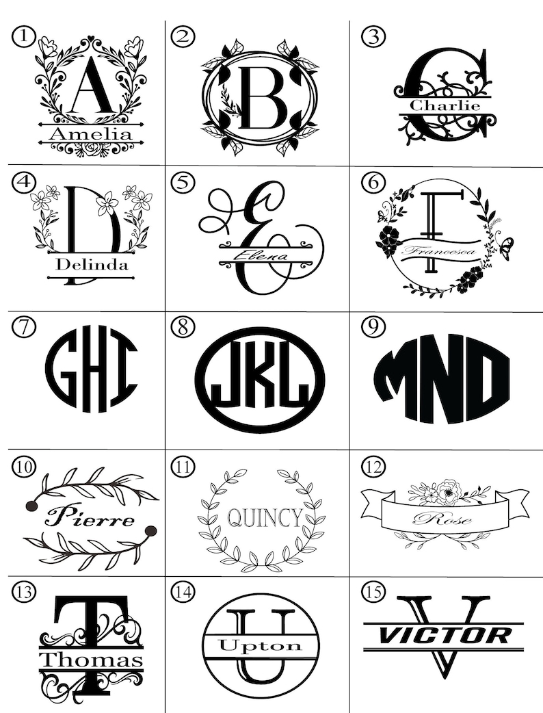 May include: A selection of 15 black and white monogram designs. Each design features a letter or initials, often with decorative elements like floral wreaths, banners, or elegant fonts. Names are included in some designs.