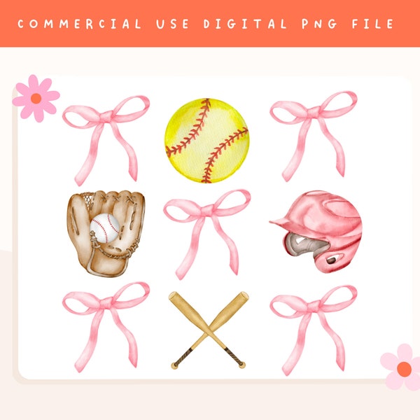 Preppy Aesthetic Coquette Bows Softball Instant Download PNG, Soft Girl Preppy Pink Bow, Girly Softball Grandmillennial PNG