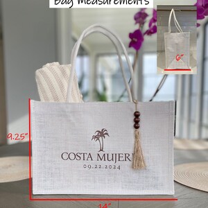 Aruba, Cabo, Jamaica, Greece, Hawaii, Tulum, and Mexico destination wedding guest, bride, groom, or bridesmaid beach bag jute totes.