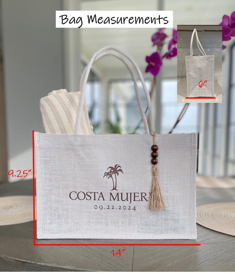 Aruba, Cabo, Jamaica, Greece, Hawaii, Tulum, and Mexico destination wedding guest, bride, groom, or bridesmaid beach bag jute totes.
