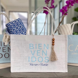 Aruba, Cabo, Jamaica, Greece, Hawaii, Tulum, Spain, Cancun, and Mexico destination wedding guest, bride, bachgroom, bachelorette trip, girl weekend, girls trip, bridesmaid beach bag jute totes.