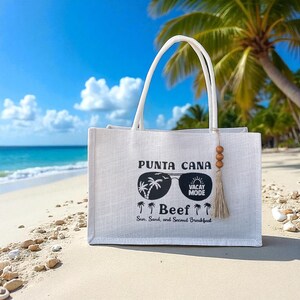 Aruba, Cabo, Jamaica, Greece, Hawaii, and Mexico destination wedding guest, bride, groom, bridesmaids, bachelorette trip, girls trip, ladies weekend, 40th birthday beach bag jute totes, beach vacation bag, white family trip bags