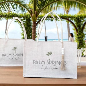 Palm Springs, Aruba, Cabo, Jamaica, Greece, Hawaii, Tulum, Spain, Cancun, and Mexico destination wedding guest, bride, bachgroom, bachelorette trip, girl weekend, girls trip, bridesmaid beach bag jute totes, 40th birthday, organic, custom beach bags, family trip bags, birthday trip