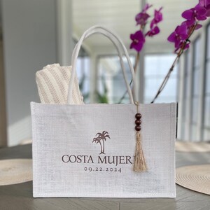 Aruba, Cabo, Jamaica, Greece, Hawaii, and Mexico destination wedding guest, bride, groom, bridesmaids, bachelorette trip, girls trip, ladies weekend, 40th birthday beach bag jute totes, beach vacation bag, white family trip bags