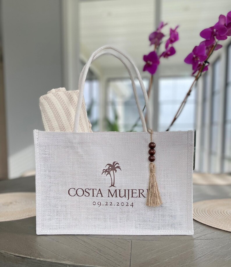 Aruba, Cabo, Jamaica, Greece, Hawaii, and Mexico destination wedding guest, bride, groom, bridesmaids, bachelorette trip, girls trip, ladies weekend, 40th birthday beach bag jute totes, beach vacation bag, white family trip bags