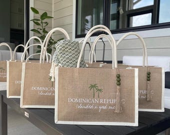 Bolsas de bienvenida personalizadas para bodas de destino, bolsas para viajes de cumpleaños número 40 y 50: bolso de playa de yute personalizado