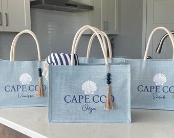 Bolsas de bienvenida de yute personalizadas: ideales para bodas de destino, vacaciones familiares o cumpleaños.