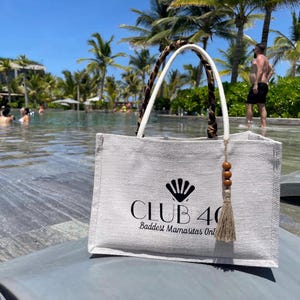Aruba, Cabo, Jamaica, Greece, Hawaii, and Mexico destination wedding guest, bride, groom, bridesmaids, bachelorette trip, girls trip, ladies weekend, 40th birthday beach bag jute totes, beach vacation bag, white family trip bags