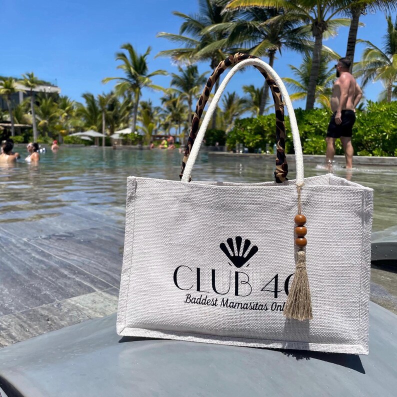 Aruba, Cabo, Jamaica, Greece, Hawaii, and Mexico destination wedding guest, bride, groom, bridesmaids, bachelorette trip, girls trip, ladies weekend, 40th birthday beach bag jute totes, beach vacation bag, white family trip bags