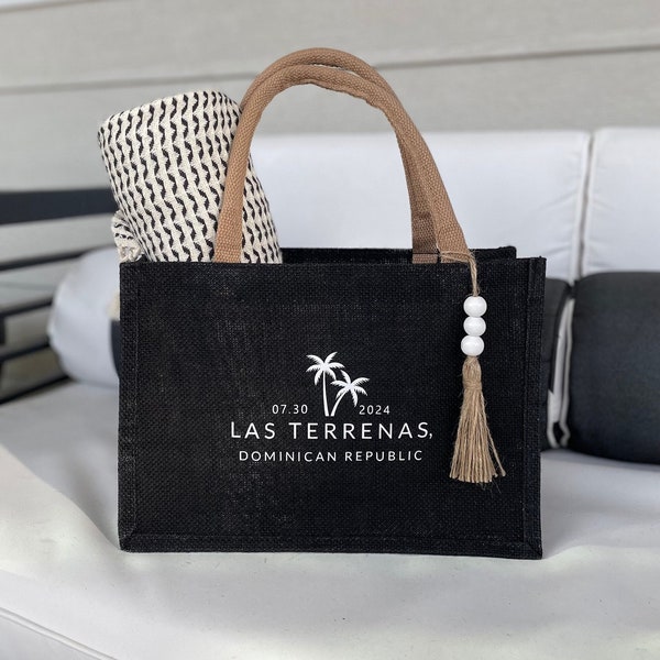 BLACK Custom Destination Wedding Bag - Guest Welcome Bag - Bridesmaid Bride - Punta Cana - Welcome Tote - Tote Beach  -Burlap Bag - Mexico