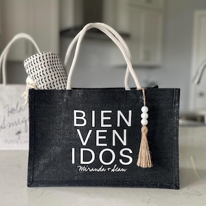 Custom Black Destination Wedding Jute Tote Bag: Bridesmaid Bachelorette Favor Vacation Gifts