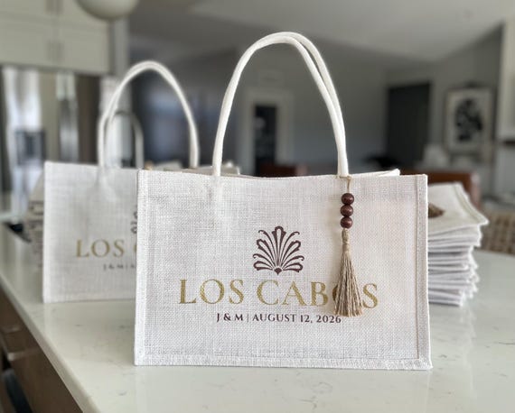 White Custom Burlap Destination Beach Wedding Bag Guest Welcome Tote Bridesmaid Gift Favor Punta Cana Mexico Hawaii Florida 40 Birthday Vaca