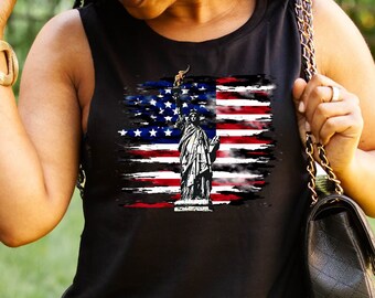 4th Of July American Flag Muscle Tank Womens Statue Of Liberty With Flame Flowy Summer Muscle Tank