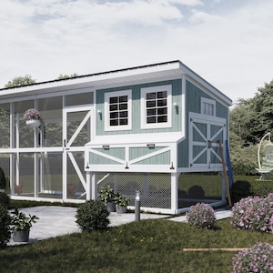 Piani per pollaio 6x6 in PDF, parco giochi per pollame in giardino con percorso