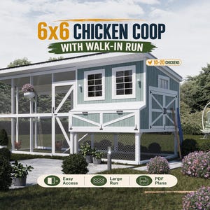 Può includere: Un pollaio 6x6 con recinto, dipinto in blu e bianco. Il pollaio presenta due finestre, una porta e una recinzione in rete metallica. Il testo dice "Accesso facile", "Recinto grande" e "Piani PDF". Progettato per 10-20 polli.