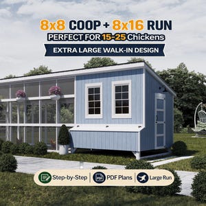 Planos de gallinero de 8x8 + corral de 8x16 / Gallinero grande para construir uno mismo / Techo de una sola pendiente (PDF)
