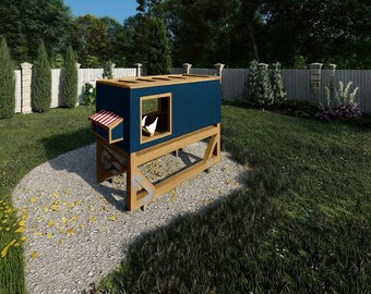 Peut inclure: Un poulailler bleu et en bois avec un toit à rayures rouges et blanches. Le poulailler est surélevé sur un cadre en bois et possède une fenêtre avec un poulet à l'intérieur. Le poulailler est dans un jardin herbeux.