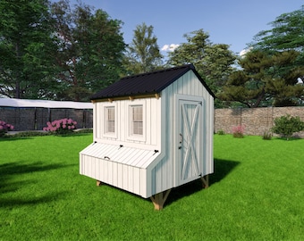 May include: A white wooden chicken coop with a black roof, two small windows, and a door with an X-shaped design. The coop is elevated on wooden supports and sits on a green lawn.