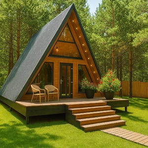 Puede incluir: Cabaña con estructura en A con techo gris oscuro, exterior de madera y grandes ventanales. La cabaña tiene una pequeña terraza con dos sillas, escaleras que conducen a un césped y está rodeada de árboles. Flores rojas en macetas negras decoran la terraza.