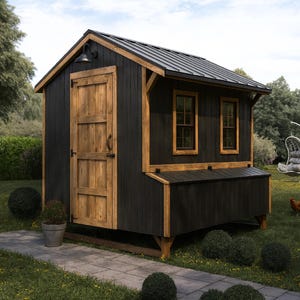 May include: A black and wood chicken coop with a metal roof. The coop has a wooden door, two windows, and a nesting box. It is set in a grassy yard with a paved walkway, a hanging chair, and a chicken.