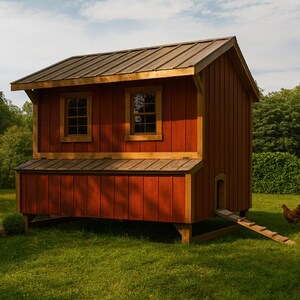 May include: A red and tan wooden chicken coop with a brown roof, two windows, and a small ramp. The coop is set on a grassy lawn with a chicken nearby.