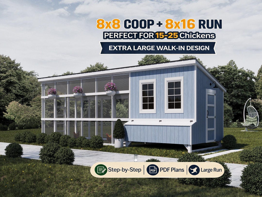 Chicken Coop Plans 8x8 + Run 8x16 | DIY Large Hen House | Single-pitch ...