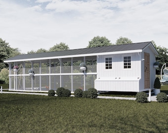 May include: A large white chicken coop with a black roof, wire mesh enclosure, and wooden door. The coop has two windows and is surrounded by green grass and trees. Hanging baskets with flowers add a decorative touch.