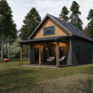 May include: A small, modern cabin with a dark gray exterior and a light brown wood accent. The cabin has a porch with two chairs and a small red grill in the yard. Tall trees surround the cabin.