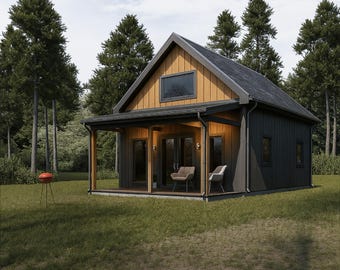 May include: A small, modern cabin with a dark gray exterior and a light brown wood accent. The cabin has a porch with two chairs and a small red grill in the yard. Tall trees surround the cabin.