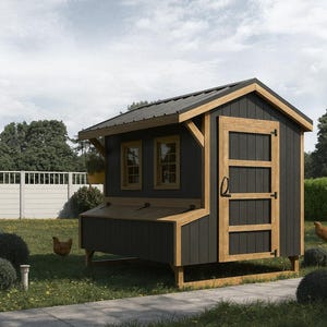 May include: A dark gray and wood chicken coop with a gabled roof, two small windows, and a door. The coop is set in a grassy yard with a few chickens, bushes, and a white fence in the background.