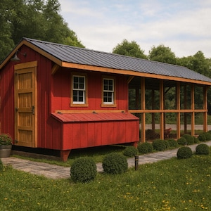 May include: A red wooden chicken coop with a dark gray metal roof. The coop has a wooden door, two windows, and an attached run. The coop is surrounded by green grass and small bushes.