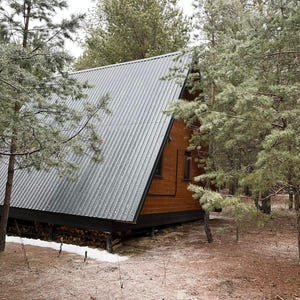 May include: A-frame cabin with a corrugated metal roof nestled among pine trees. The wooden structure has a dark brown exterior and sits on a raised foundation. Firewood is stacked beneath the cabin, and snow covers the ground.