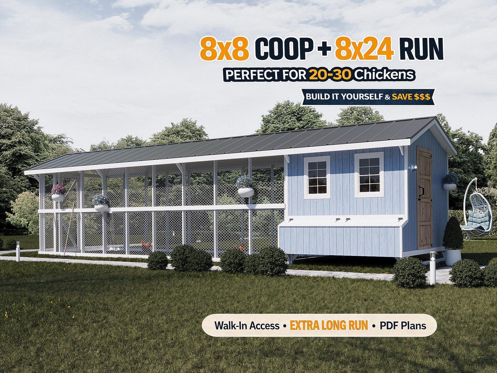 Chicken Coop Plans 8x8 + Run 8x24 | DIY Walk-in Hen House | Large ...