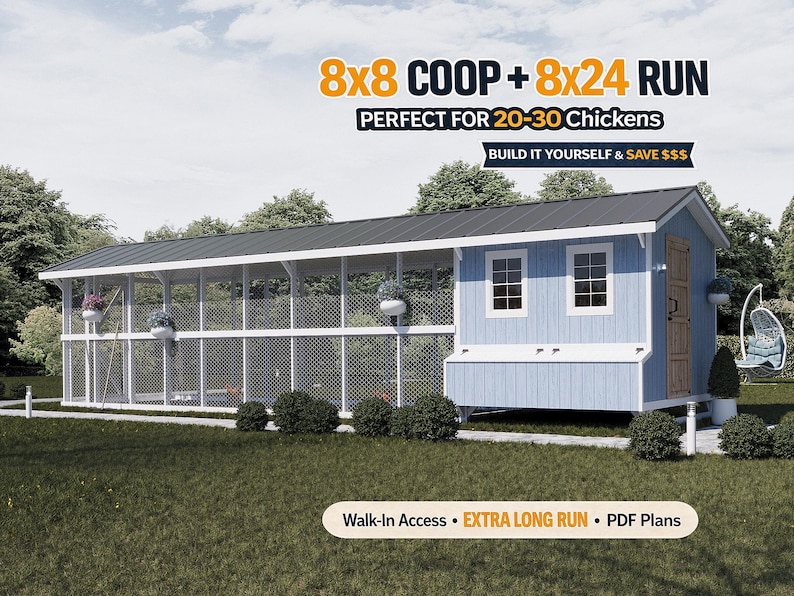 Chicken Coop Plans 8x8 + Run 8x24 | DIY Walk-in Hen House | Large ...