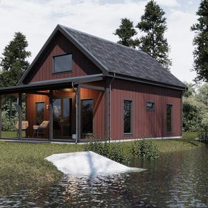 May include: A red cabin with a dark gray roof and trim sits near a body of water. The cabin has a porch with two chairs and large windows. Tall trees surround the cabin, and the sky is overcast.