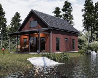 May include: A red cabin with a dark gray roof and trim sits near a body of water. The cabin has a porch with two chairs and large windows. Tall trees surround the cabin, and the sky is overcast.