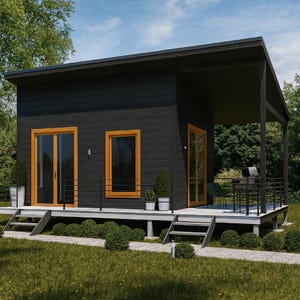 Könnte beinhalten: Ein modernes schwarzes Blockhaus mit Veranda und kleinem Deck. Das Blockhaus hat große Fenster mit Holzrahmen. Das Äußere ist von grünem Gras und Bäumen umgeben, mit einem Schaukelstuhl im Hintergrund.